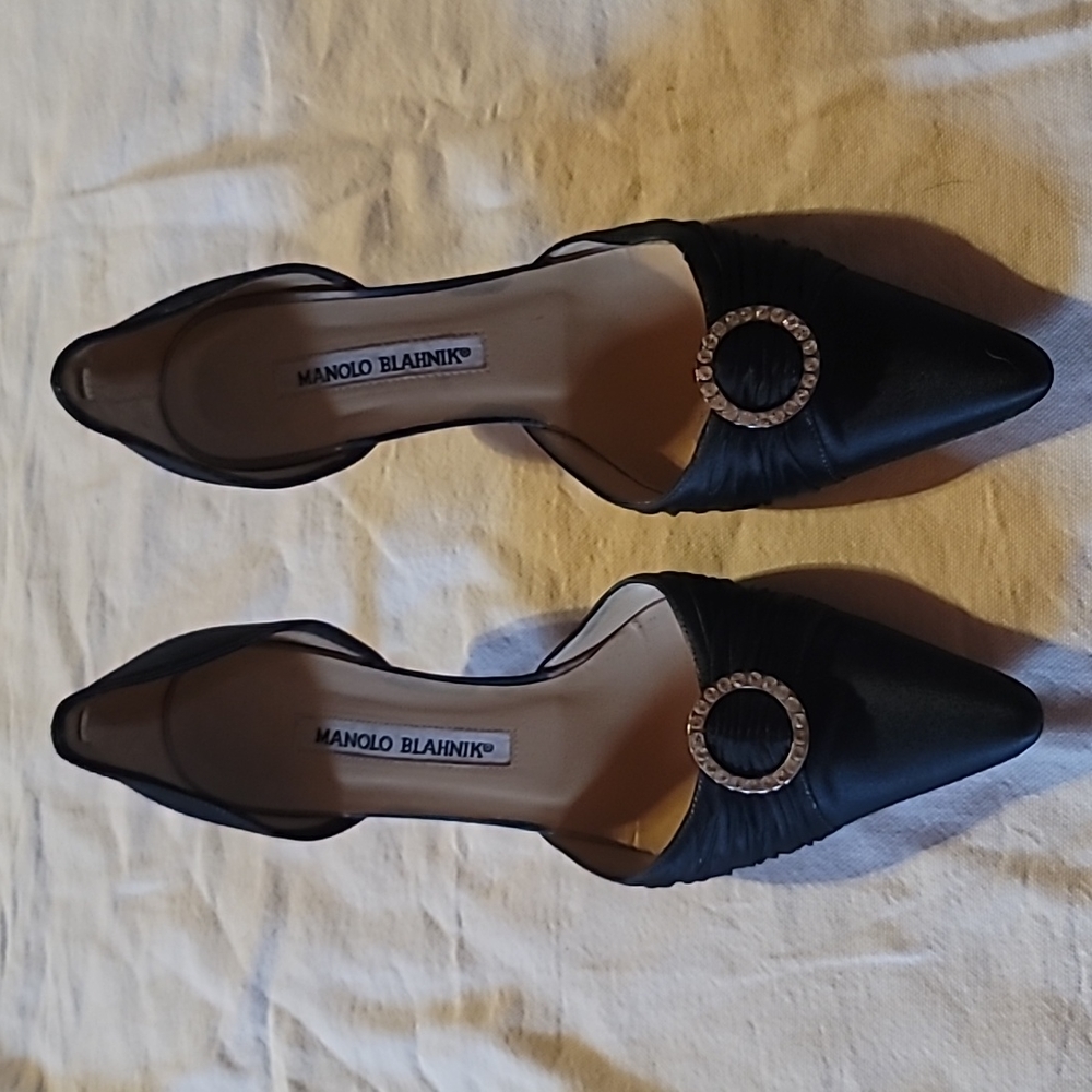 Manolo Blahnik, Size 37.5, Navy Blue Satin and Leather.